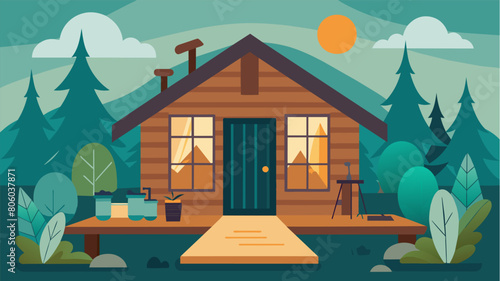 The rustic cabin accommodations provide a cozy and welcoming atmosphere allowing guests to fully immerse themselves in the restorative Pilates. Vector illustration