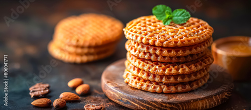 Stroopwafel is a Dutch caramel filled waffle cookie made from two thin layers of baked dough with a caramel syrup filling in the middle