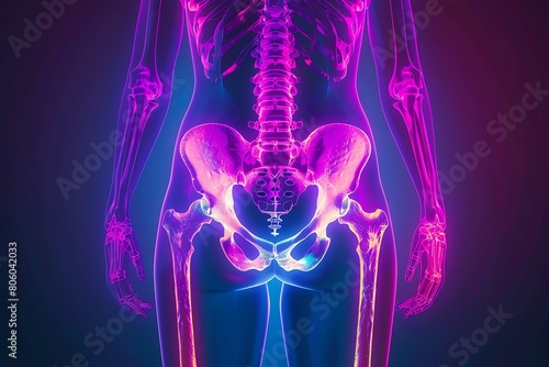 An X-ray of the human pelvis shows the bones in white. The X-ray is a medical imaging technique that uses electromagnetic radiation to create images of the inside of the body.