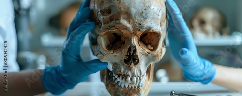 A forensic anthropologist examines a skull in a laboratory.