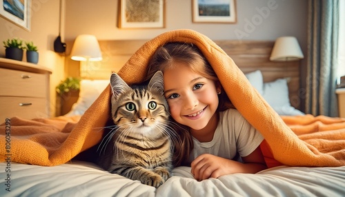 Mädchen mit ihre Katze unter der Decke. 