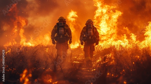 Firefighters walking through a raging forest fire.