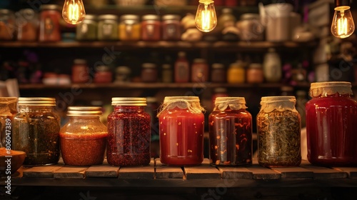 A booth displaying a variety of homemade sauces and spices, with vintage-style glass jars under warm, ambient lighting.