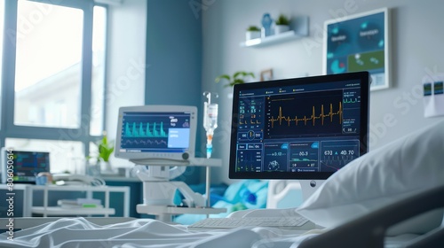 computer on a hospital bed, gauges and graphs