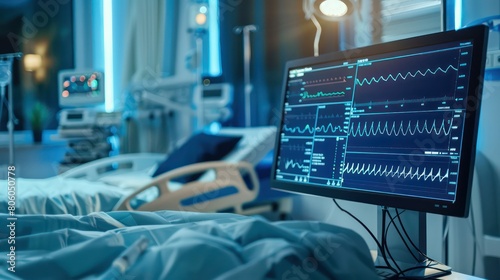 computer on a hospital bed, gauges and graphs