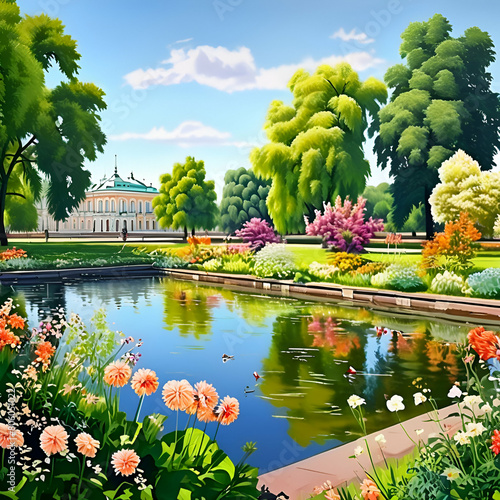 Summer garden in Saint Petersburg city, landscape. Beautiful park, flowers and trees view, green lawn, grass. Famous historical place. For posters, interior decoration, calendars, prints 