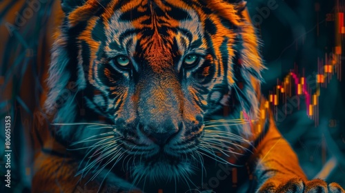 A tiger stares intently at the viewer, its eyes glowing in the dark