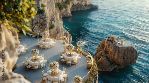 A detailed setup of a destination wedding reception on a cliff overlooking the ocean, with a chic white and gold color palette.