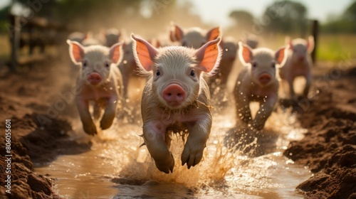 A group of piglets running in the mud