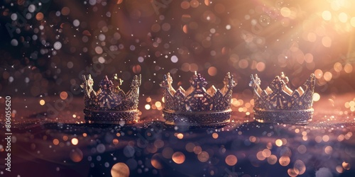 Three golden crowns on a dark red background with a golden glitter overlay.