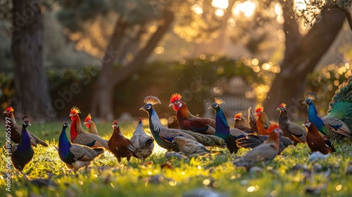 A variety of pheasants and peafowl in a barnyard