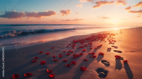 A couple's footprints leading towards a heart-shaped pattern of red rose petals on a pristine, deserted beach at sunrise
