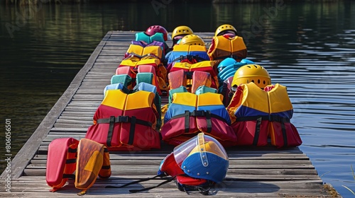 A group of colorful life vests and safety helmets on a wooden dock, prepared for a day of water sports adventure.