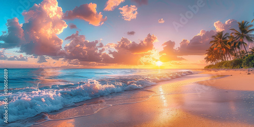 tropical island beach at sunset, nature background