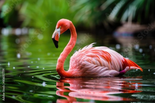 Chilean Flamingo Wading in Water. Exotic Pink Flamingo, Flame-Coloured Bird and Wildlife in Wild