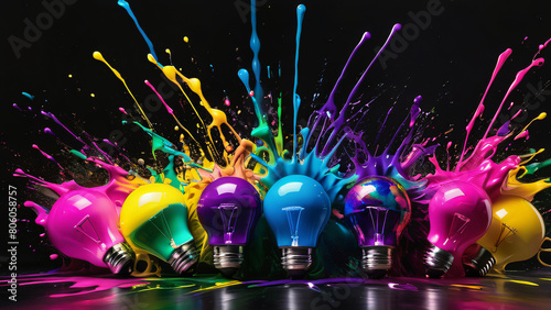 A row of colorful light bulbs on a dark background, bursting paint, creativity, and energy