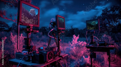 A night vision setup with infrared cameras and monitors, capturing nocturnal wildlife and the night sky in a national park.