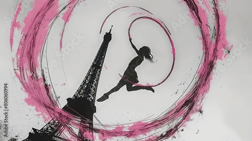 A woman is jumping in the air with a pink hula hoop