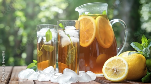 A pitcher of iced tea with lemon slices and fresh mint, accompanied by tall glasses filled with ice on a wooden outdoor dining table.