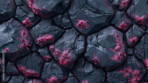 A close-up illustration of a charcoal-gray basalt wall, highlighted by neon pink barnacle patterns