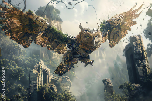Imagine a mechanized owl hunting in a misty forest