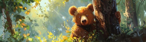 Draw BB Bear with a mischievous grin as he hides behind a tree playing hideandseek