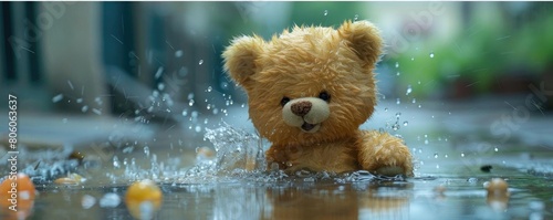 Give BB Bear a playful expression as he splashes in a puddle on a rainy day