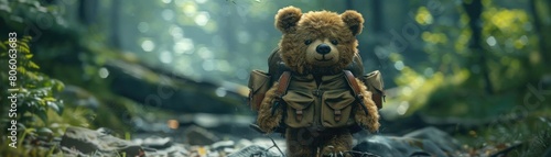 Show BB Bear wearing a backpack as he embarks on an adventure in the forest