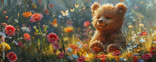 Draw BB Bear happily playing in a meadow filled with flowers and butterflies