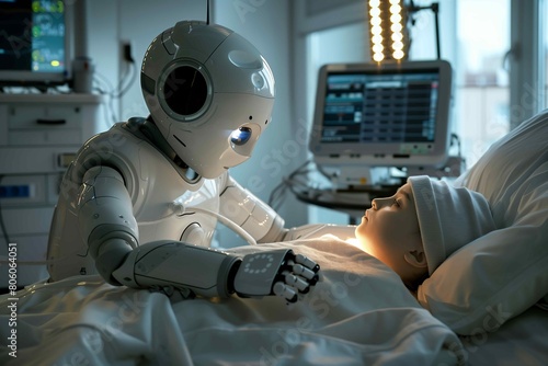 A robot in the hospital is taking care of a child patient