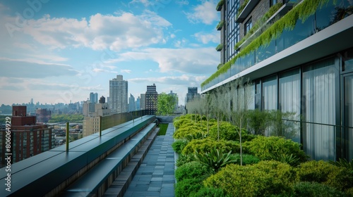 A serene view of a green rooftop garden on a hotel, overlooking a cityscape, demonstrating urban sustainability.