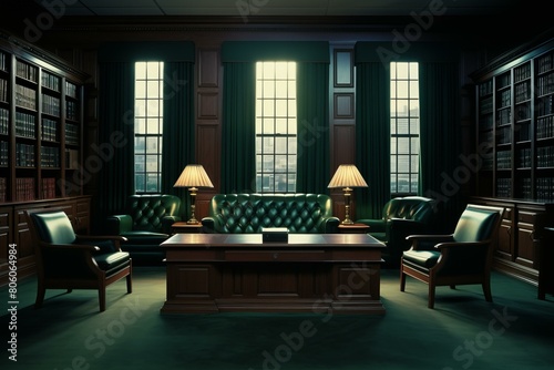 Lawyers office interior with green leather furniture and wooden desk