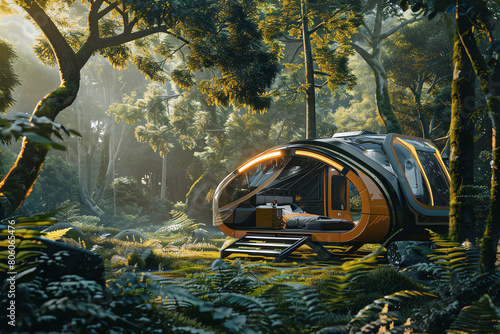 Immerse the viewer in a futuristic camping experience by showcasing advanced technology amidst raw nature Experiment with unconventional camera perspectives to evoke wonder and cur