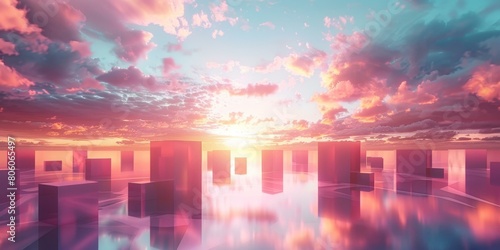 Pink sunset over a city of glass skyscrapers