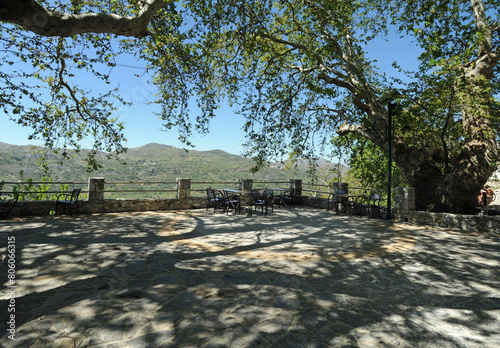 Le kafénio Paradisiaque et sa terrasse du village de Kissos près de Réthymnon en Crète
