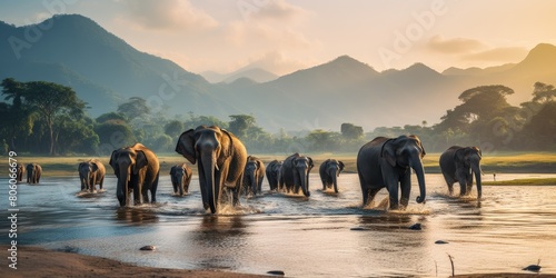 River Crossing: Elephants Navigate the Waters as a Unified Family