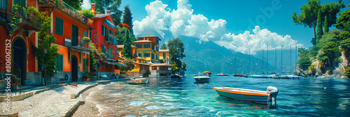 Idyllic View of Lake Como, Colorful Buildings and Boats Enhance the Charm of This Italian Lakeside Town
