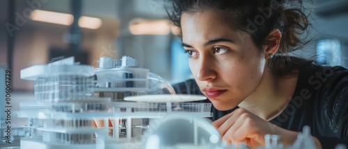 An architect examines a scale model of a futuristic building