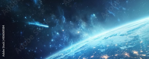 In the futuristic space banner, a meteor approaches Earth, offering a stark reminder of the cosmoss dynamic nature, Sharpen banner template with copy space on center