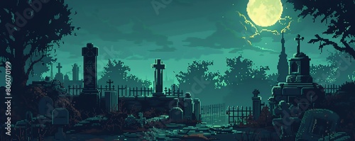 A pixelated graveyard at night. The full moon is shining and there is a dark, stormy sky. Tombstones and trees are scattered throughout the graveyard.