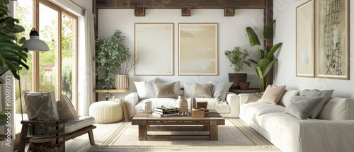 The Mockup poster frame in a farmhouse living room complements the homely and warm atmosphere, 3D render sharpen