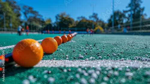 A set of field hockey sticks and balls laid out on the sidelines of a field hockey field, with teams warming up and strategizing before a fast-paced match filled with skillful dribbles 