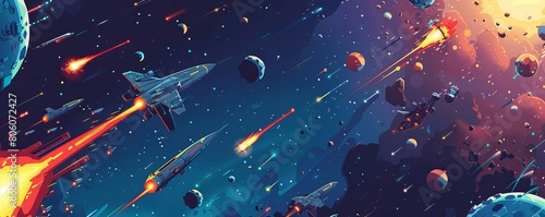 A space battle scene with futuristic warships and satellites, exploring the potential militarization of space