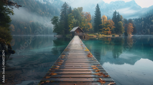 A wooden bridge spans a body of water, with a cabin in the distance
