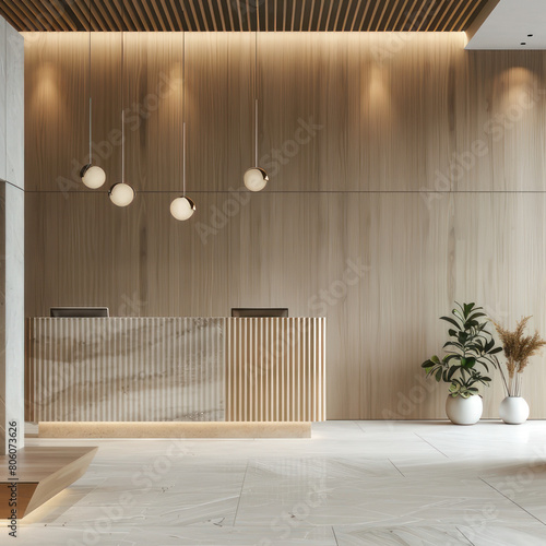 Front view of a white reception desk with two laptops standing on it in front of a wooden office wall. There is a grass wall seen through a wall opening. 3d rendering, mock up 