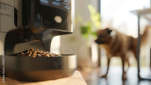 Pet feeder with IoT capabilities, close-up on food dispensing area, focus on digital display, pet blurred in the background 