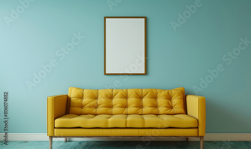 View of living room in minimal style with yellow sofa and fiddle fig on laminate floor