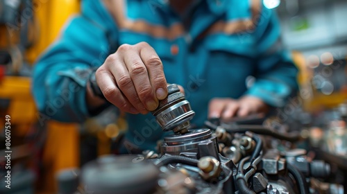 Auto mechanic working on car engine.
