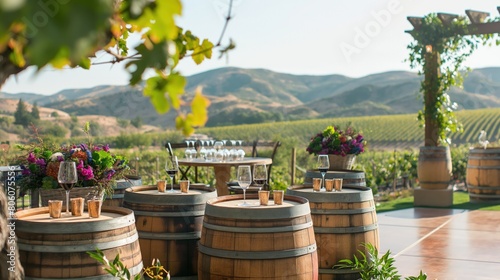 A vineyard wedding reception area with wine barrel tables, grapevine decorations, and panoramic views of the rolling hills.