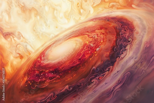 Realistic view of Jupiters surface, swirling clouds, vibrant colors, high detail